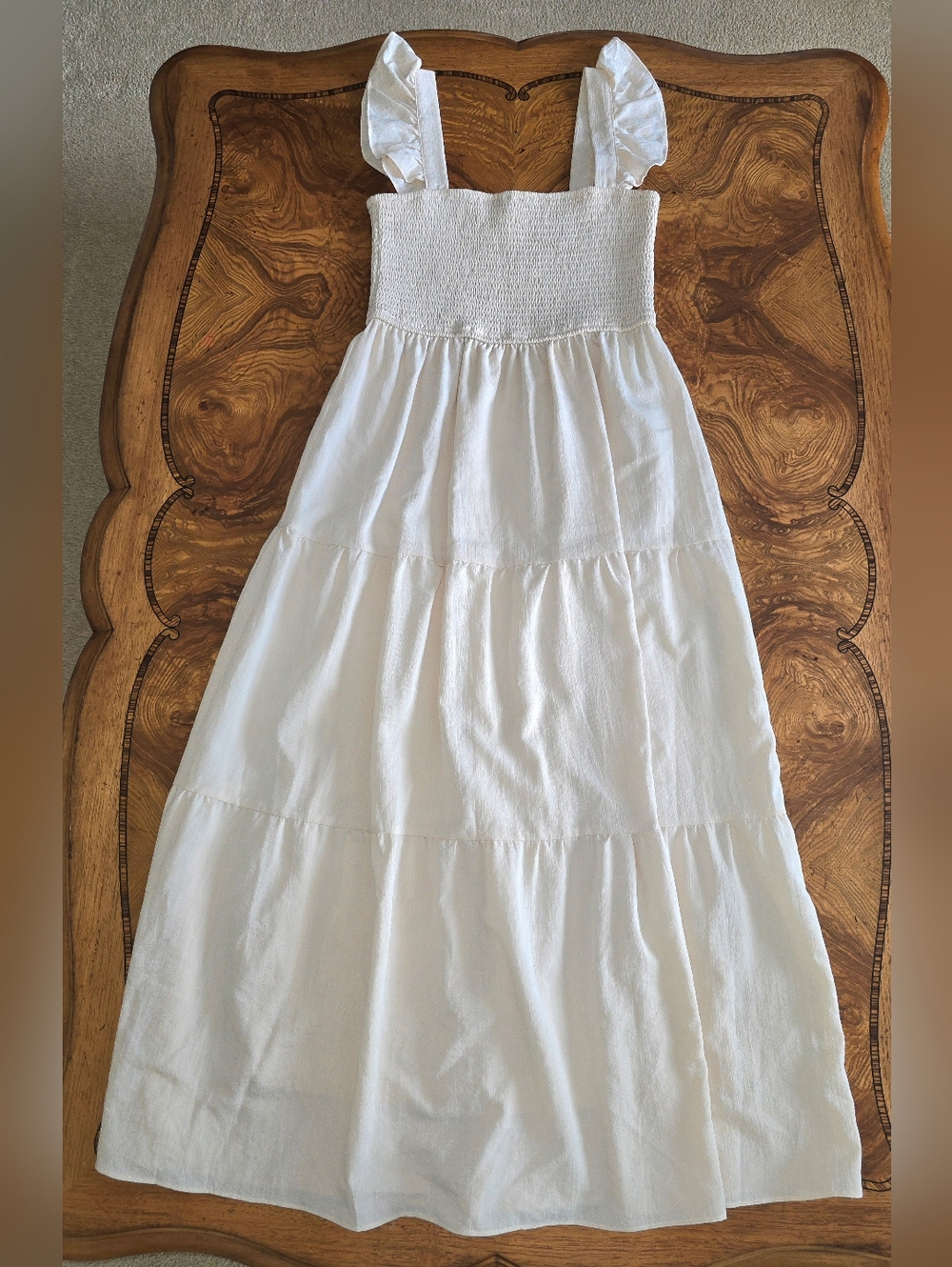 She + Sky Cream Smocked Tiered Maxi Dress Ruffle Straps Size M Boho Cottagecore